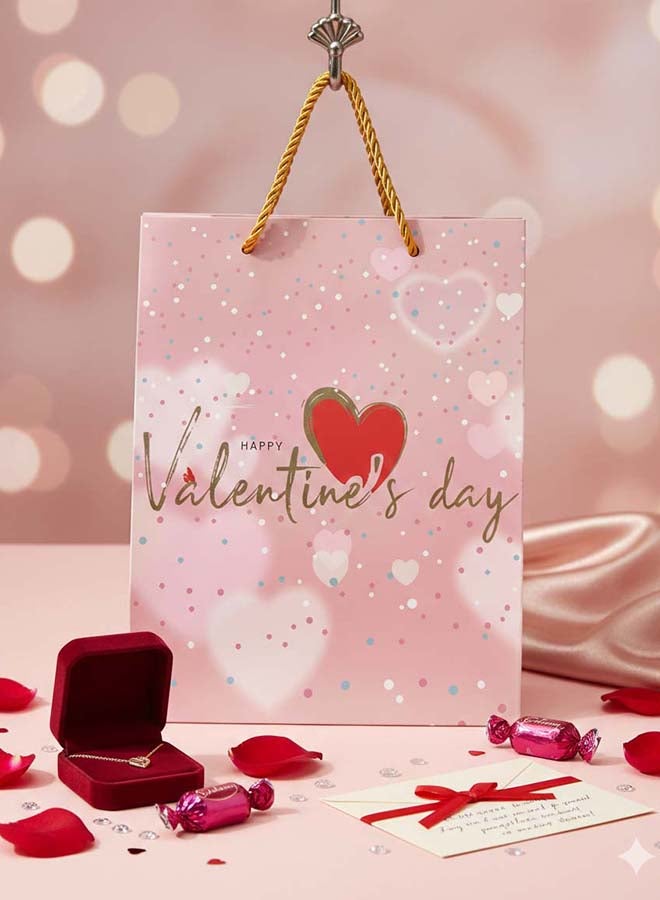 Elegant Soft Pink "Happy Valentine's Day" Bag - Heart Pattern with Gold Rope Handle - Image 2
